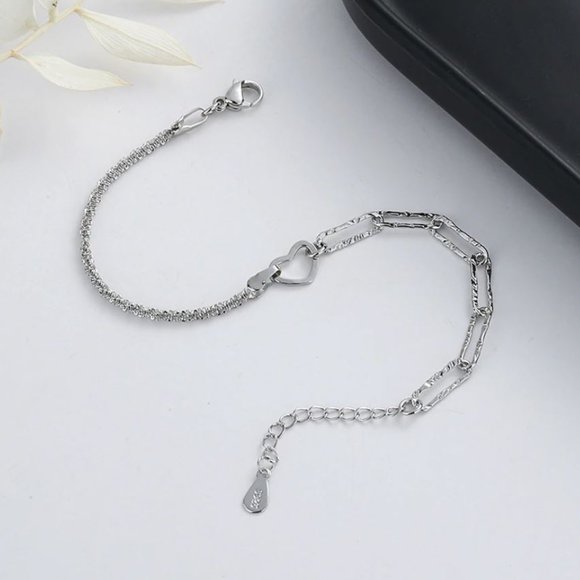 925 Sterling Silver Dainty Heart Chain Link Bracelet - Picture 2 of 8